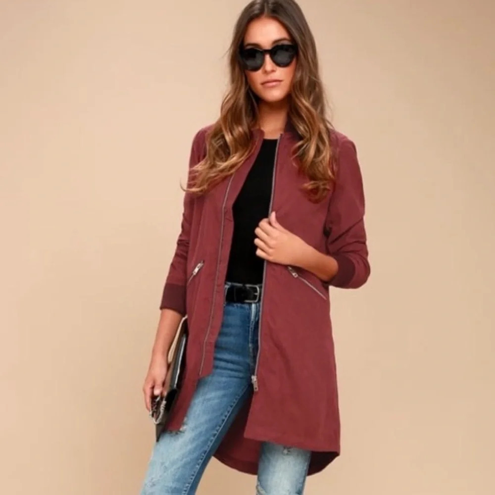Lulu’s Burgundy Rio Grande Longline Bomber Jacket Size Small